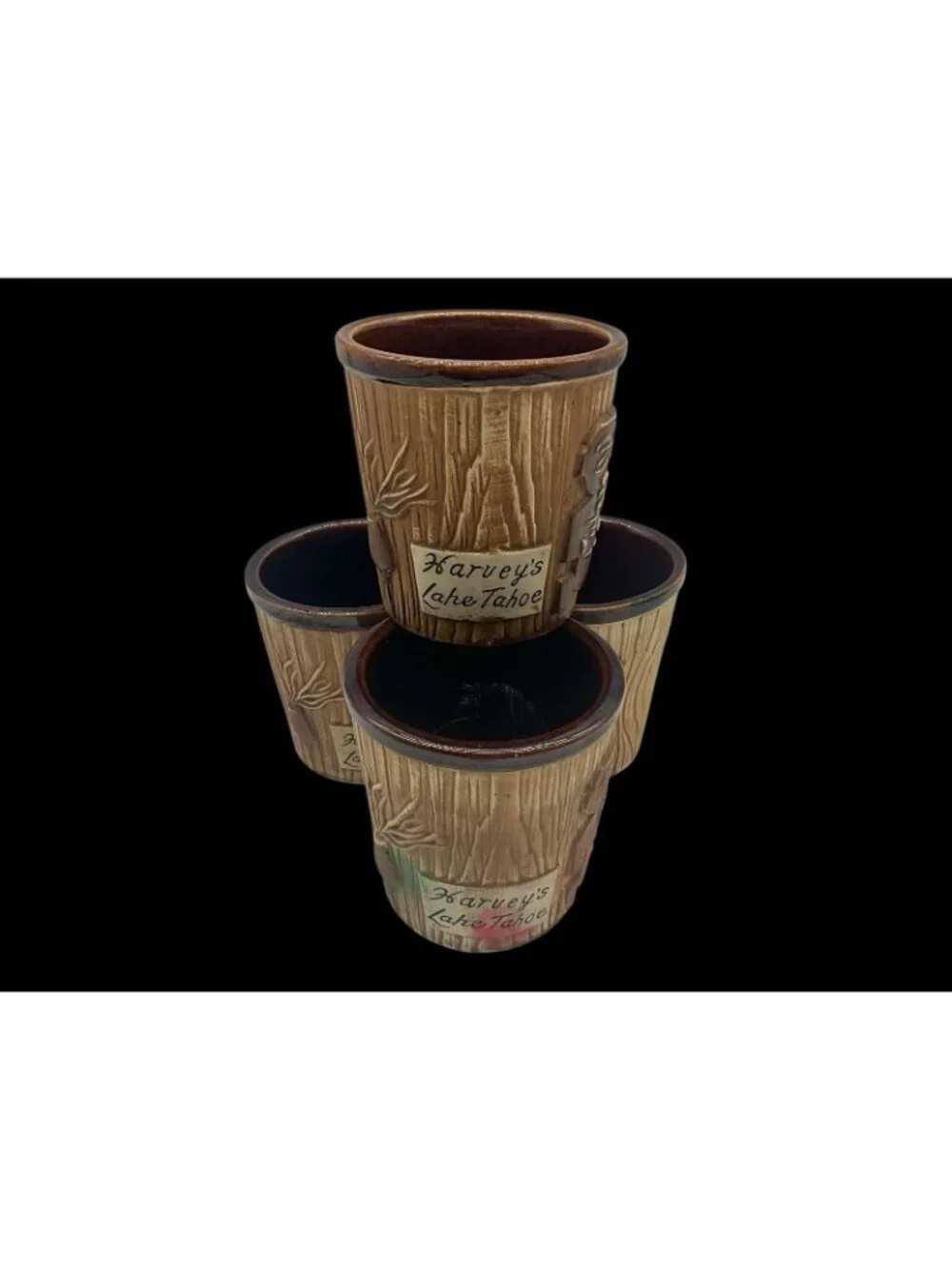 Harveys Lake Tahoe Vintage Tiki Mug Otagiri Brown Bucket Style Set of 4 Barware